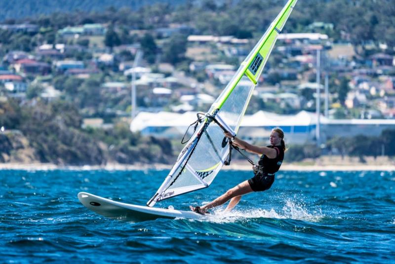 Amelia Quinlan is the only girl racing in the Bic Techno Plus sailboards - Day 3, Australian Sailing Youth Championships 2019 photo copyright Beau Outteridge taken at Royal Yacht Club of Tasmania and featuring the Bic Techno class
