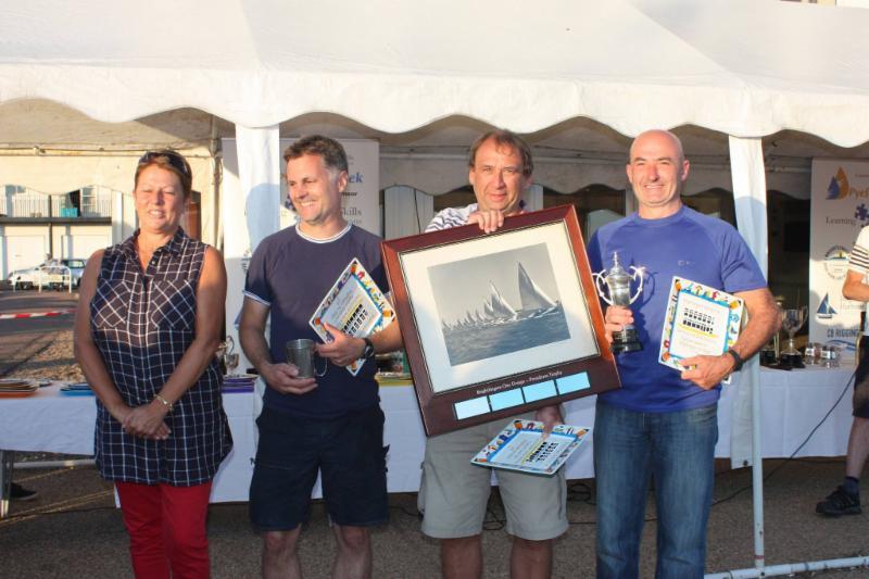 Sue Bouckley of Learning & Skills Solutions presents Clive Goodwin, Graham Sanderson & Mark Schofield with the Brightlingsea One Design Class trophies at Learning & Skills Solutions Pyefleet Week photo copyright Mandy Bines taken at Brightlingsea Sailing Club and featuring the Brightlingsea One Design class