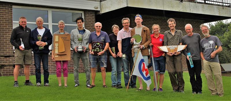 British Moth Nationals at Staunton Harold (l-r) Andy Mathews, Tim Davison, Elaine Gillingham, Robbie Claridge, Ian Heywood, Abby Freeley, Jeremy Higson, Edward Higson, Jenny Bentley, Robert Paynter, Toby Smith & Colin Hall photo copyright Jennifer Heward-Craig & Pete Styles taken at Staunton Harold Sailing Club and featuring the British Moth class