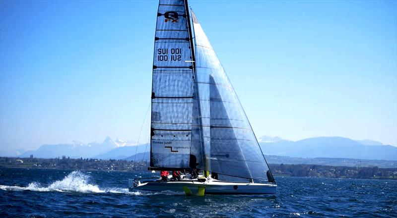 Thomas Jundt's QFX 35ft foiling monohull sailing on Lake Geneva - photo © Loris von Siebenthal