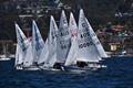 A tight bunch of International Cadets on the start line of the first race in the 2026 Banjo's Shoreline Crown Series Bellerive Regatta