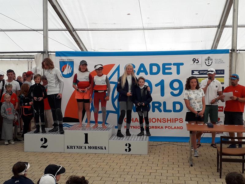 Katie Yelland & Dom Rowell finish 3rd in race 2 on day 1 of the Cadet Worlds 2019 in Poland photo copyright Cadet Worlds 2019 taken at  and featuring the Cadet class