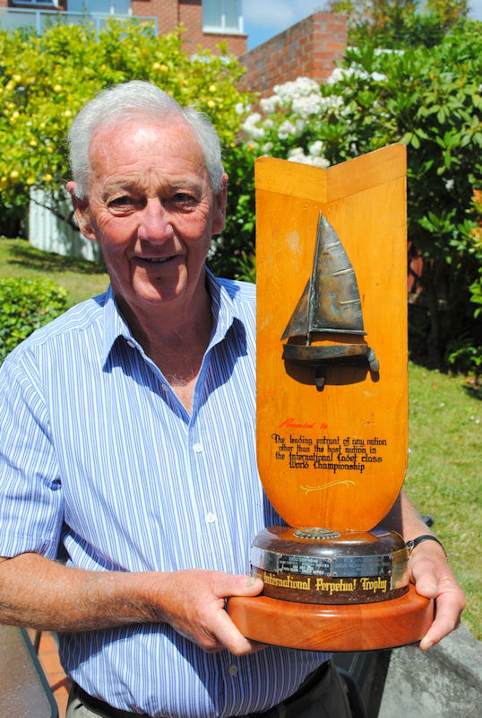 Veteran Hobart yachtsman Wayne Wallace with the perpetual trophy presented by Sandy Bay Rotary Club 41 years ago for the best performance by a non-national crew at the Cadet worlds. Wayne found the trophy in Germany last year and has had it refurbished photo copyright Peter Campbell taken at  and featuring the Cadet class