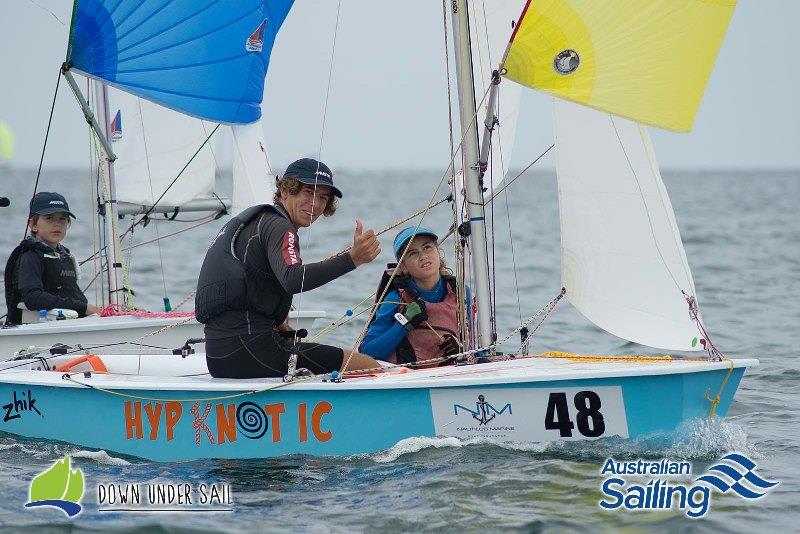 Luke Allison and Zoe Hinks on Hypknotic in the International Cadet fleet last year photo copyright Harry Fisher taken at Largs Bay Sailing Club and featuring the Cadet class