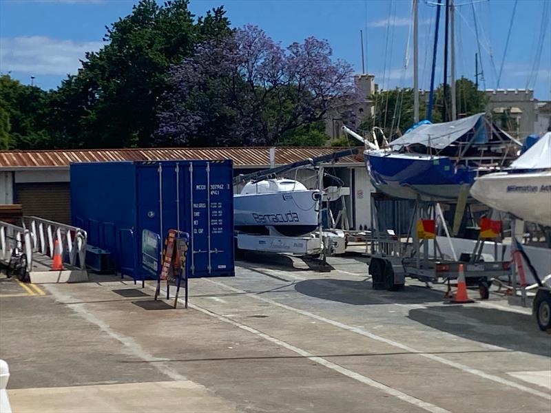 The 40ft blue GBR container with 8 cadets and a rib inside it photo copyright Neil Collingridge taken at Royal Yacht Club of Victoria and featuring the Cadet class