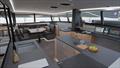 Starboard hull access, nav desk, galley and saloon of the Cure 55