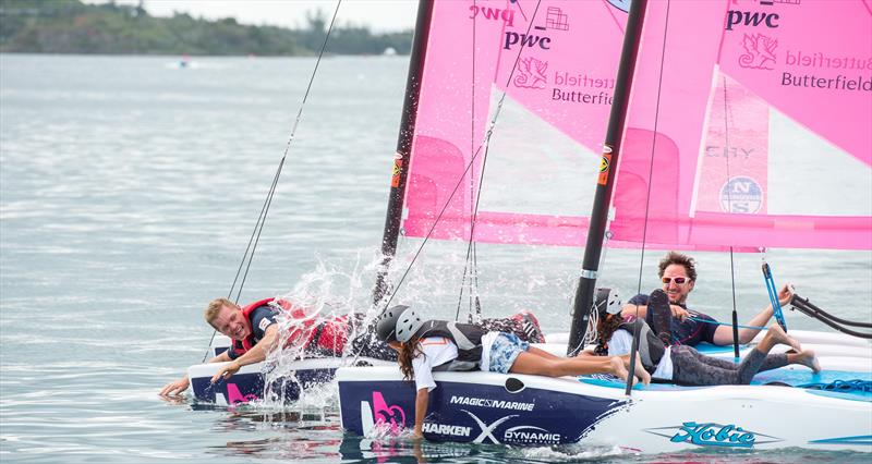 Land Rover BAR's David 'Freddie' Carr and Paul Campbell-James messing about on boats on a windless Saturday at Louis Vuitton America's Cup World Series Bermuda photo copyright ACEA 2015 / Ricardo Pinto taken at  and featuring the Catamaran class