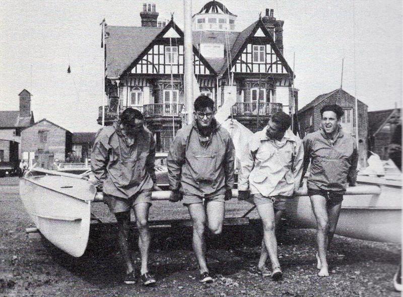 60 years ago the cat scene was really taking off, with Brightlingsea being one of the top hot-spots for development. In the picture are no less than five future icons: Reg White, Rod MacAlpine-Downie, John Fisk, Bob Fisher and Hellcat II. - photo © D.Went / Fisher