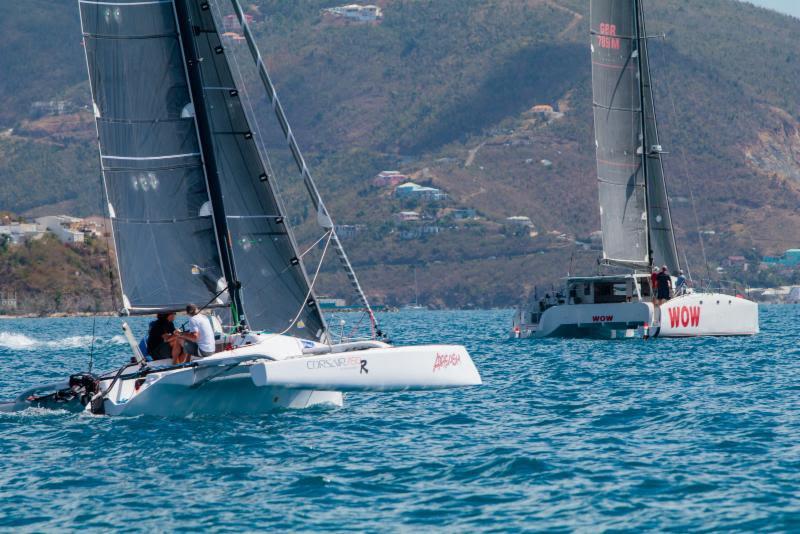 Father and son team up on the brand new Corsair Spring 760R, Airgasm. Adam Crook represented the BVI in the 2014 Sochi Winter Olympics in the half-pipe event and is racing with his Father Barney photo copyright Alastair Abrehart taken at Royal BVI Yacht Club and featuring the Catamaran class