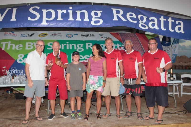 Cameron McColl, Nanny Cay Chairman presented awards from Tuesday's Round Tortola Race to the British team on  David Liddell & Helen Ruud's Stealth 14gt WOW photo copyright Alastair Abrehart taken at Royal BVI Yacht Club and featuring the Catamaran class