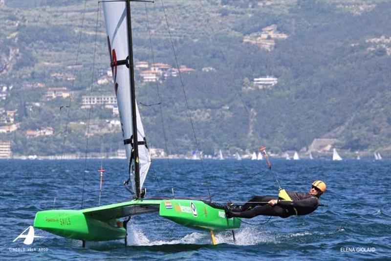 Mischa rides the stock version of the 2019 DNA F1x with his Mischa Sails DS, a proven sail design in the A-Class photo copyright Elena Giolai taken at Circolo Vela Arco and featuring the Catamaran class