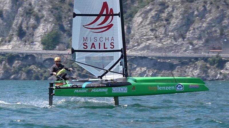 Mischa rides the stock version of the 2019 DNA F1x with his Mischa Sails DS, a proven sail design in the A-Class photo copyright Elena Giolai taken at Circolo Vela Arco and featuring the Catamaran class