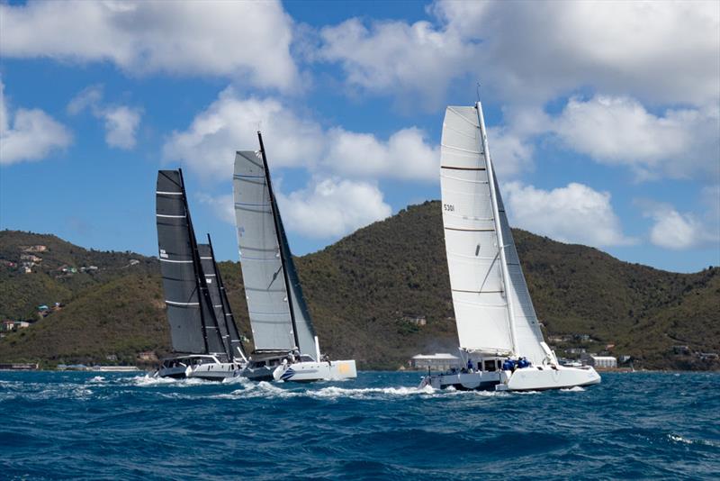 Greg Slyngstad's Bieker 53 Fujin and the Offshore Multihull start on Mount Gay Race Day - 49th BVI Spring Regatta photo copyright Alastair Abrehart taken at Royal BVI Yacht Club and featuring the Catamaran class