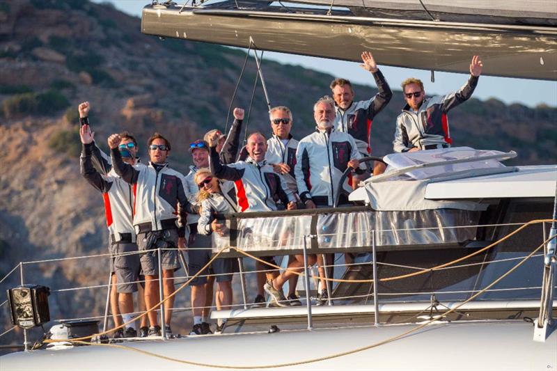 ALLEGRA team at the AEGEAN 600 finish photo copyright Nikos Alevromytis / HORC AEGEAN 600 taken at  and featuring the Catamaran class