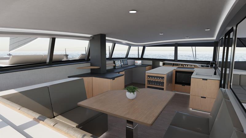 Spacious Main Saloon leading over to Nav Desk and Owner's Hull access photo copyright Cure Marine taken at  and featuring the Catamaran class
