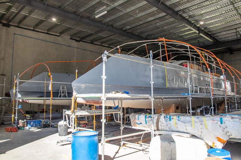 This vessel is so impressive, even more so now with much of her in base coat - Cure Marine Custom 70 photo copyright John Curnow taken at  and featuring the Catamaran class
