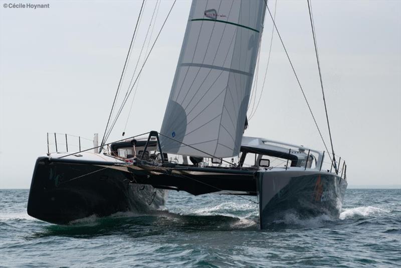 Marc Guillemot is campaigning the 52ft catamaran Wellness Training/MG5 - Rolex Fastnet Race photo copyright Cecile Hoynant taken at Royal Ocean Racing Club and featuring the Catamaran class