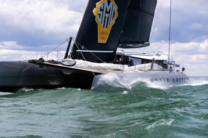 Adrian Keller's Nigel Irens-designed 84ft catamaran Allegra (SUI) is the largest multihull in the race photo copyright Arthur Daniel taken at Royal Ocean Racing Club and featuring the Catamaran class