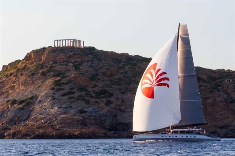 Adrian Keller's Allegra crosses the finish line of the 2022 Aegean 600 beneath the Temple of Poseidon on Cape Sounion - photo © Nikos Alevromytis / HORC AEGEAN 600