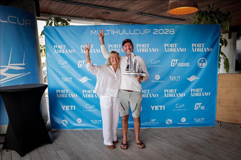 Punta Figuera on Multihull Cup Day 3 - Allegra racing skipper Paul Larsen lifting the Adriana Monk-designed Trophy awarded by Lisa Keller - photo © Sailing Energy