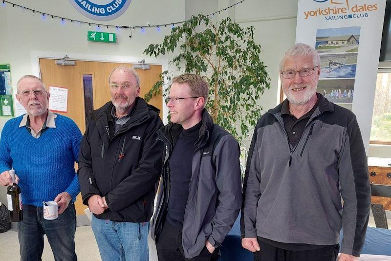 (R-L) John Terry 2nd, Gareth Ede 1st, George Evans 3rd, and Syd Gage, winner of the Catapult 40th Anniversary Videographer Award - Catapult TT at Yorkshire Dales photo copyright Stuart Ede taken at Yorkshire Dales Sailing Club and featuring the Catapult class