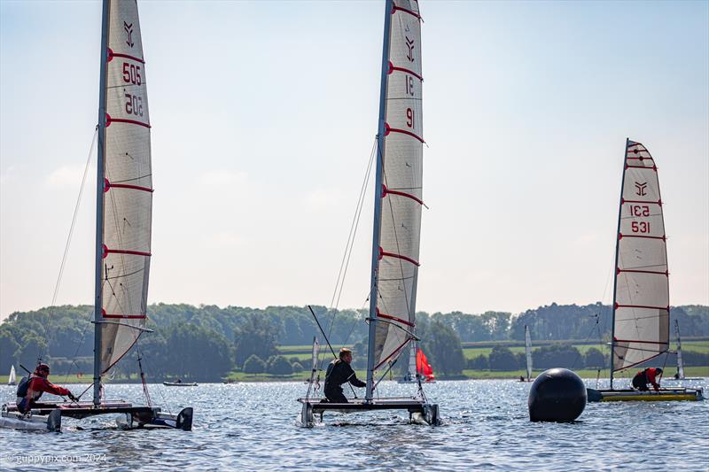 A trio of Catapults, Eamon Cotter 505, Gareth Ede 91 and Stuart Ede 531 reach the top mark in Sunday race one during the Rutland Cat Open 2024 - photo © Gordon Upton / www.guppypix.com