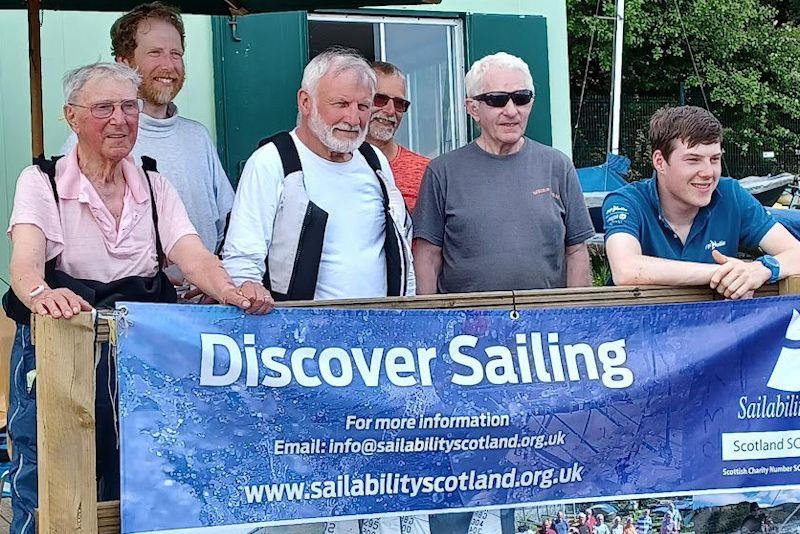 (L-R) Ronnie Cameron (93), Iain Hardy, Alex Hodge, Jon Hasler, Duncan Greenhalgh, Rory McKinna - Sailability Scotland's Challenger Traveller Series at Castle Semple photo copyright Joe Reilly taken at Castle Semple Sailing Club and featuring the Challenger class