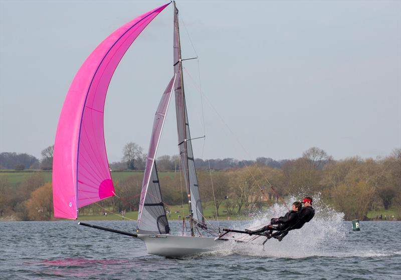 Ronin and the Harris brothers sending it big style for the perfect score during the Rutland Cherub Open photo copyright Tim Olin / www.olinphoto.co.uk taken at Rutland Sailing Club and featuring the Cherub class