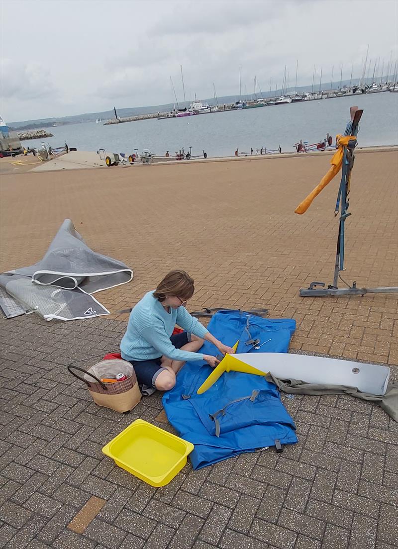 Last minute preparations ahead of the UK Cherub 70th Anniversary Nationals at the WPNSA photo copyright James Ruddiman taken at Weymouth & Portland Sailing Academy and featuring the Cherub class