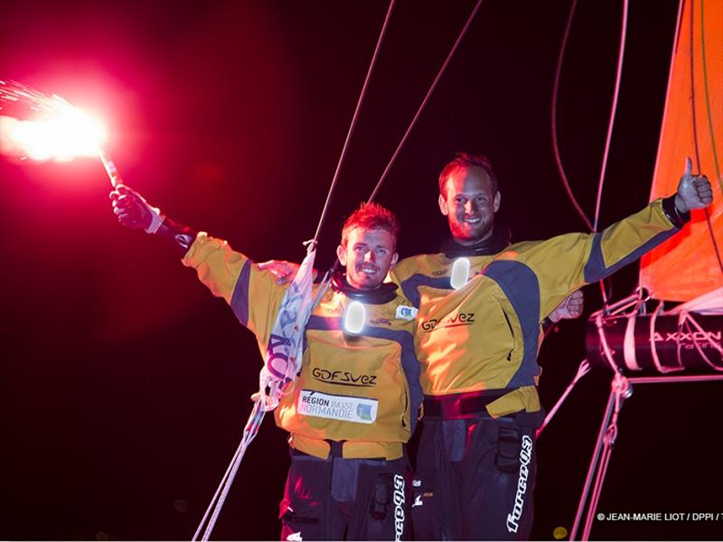 French duo Sebastien Rogues and Fabien Delahaye on GDF SUEZ win the Class 40 class  in the Transat Jacques Vabre 2013 photo copyright Jean Marie Liot / DPPI / TJV taken at  and featuring the Class 40 class