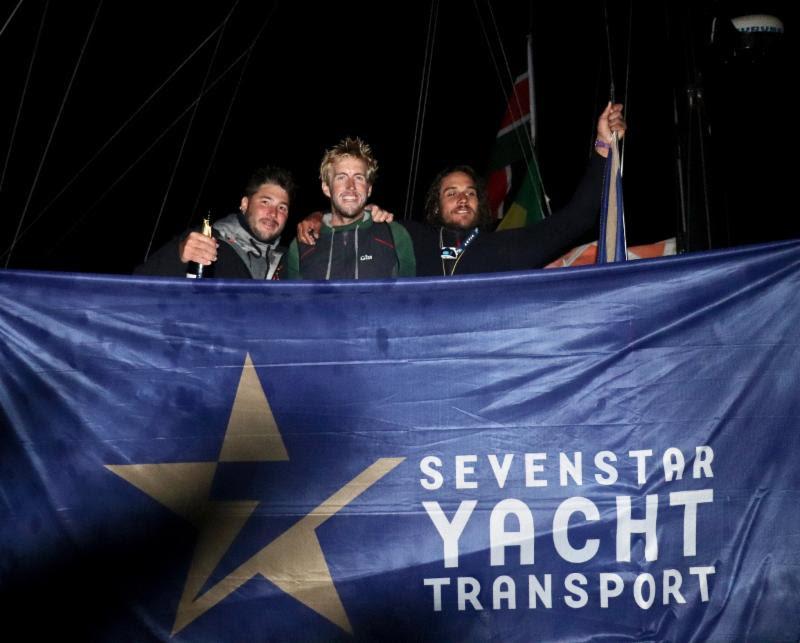 Third place in Class40 - Charles-Louis Mourruau's Class40 Colombre XL (The Lost Boys). L to R: Loic Coudret, Gery Atkins, Charles-Louis Mourruau - photo © Louay Habib / RORC