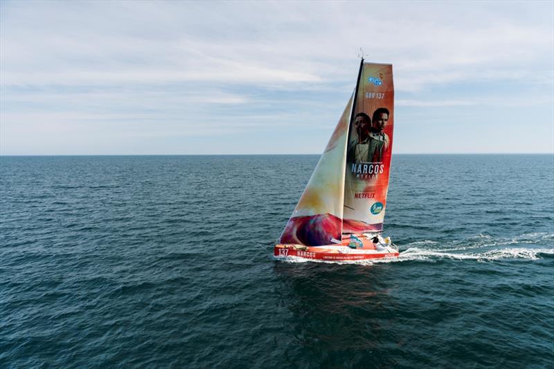 Narcos Mexico's two main actors pictured on the mainsail and foredeck photo copyright Martin Viezzer / Rivacom taken at  and featuring the Class 40 class