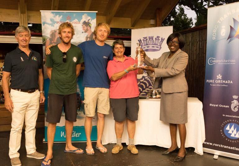 Catherine Pourre's Class40 Eärendil, with crew members Gery Atkins and Pietro Luciana were presented with a RORC Decanter for the team's victory in the Class40 Division -Eärendil took Class40 line honours and completed the race in just over 13days 16hrs photo copyright Arthur Daniel / RORC taken at  and featuring the Class 40 class