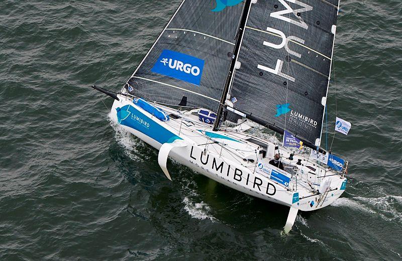 Michel Desjoyeaux in Lumibird leads the first night in the 50th La Solitaire URGO Le Figaro Leg 1 photo copyright Yvan Zedda taken at  and featuring the Class 40 class