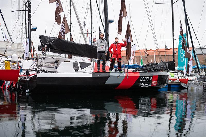 Skippers Simon Koster and Valentin Gautier of Class 40 Banque du Leman are saying hello after their late arrival during pre-start of the Transat Jacques Vabre duo sailing race from Le Havre France to Salvador de Bahia Brazil photo copyright Jean-Louis Carli / Alea taken at  and featuring the Class 40 class