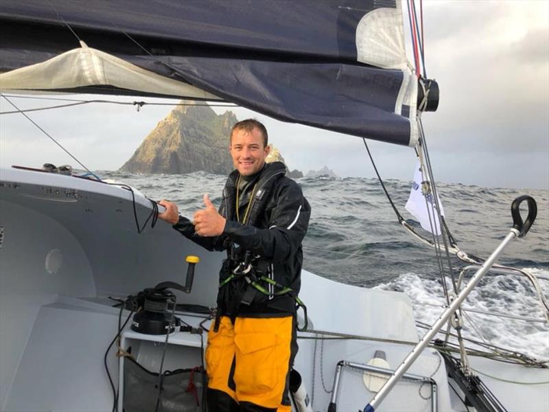 A memorable moment for all crews. Sam Goodchild rounds the most northerly point of the Sevenstar Round Britain and Ireland Race course - Out Stack at Muckle Flugga - photo © Phor-ty / Class40