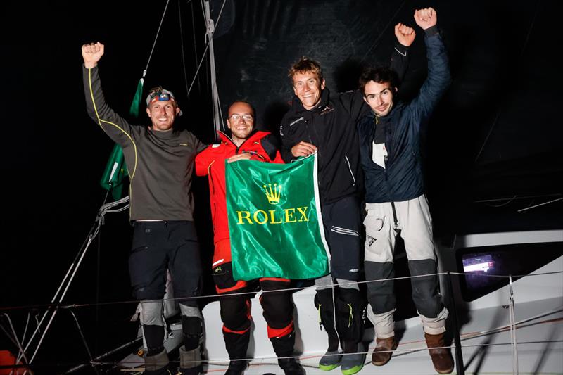 A jubilant crew on Palanad 3 - James Crampton, Antoine Magre, Will Harris and Damien Arnol - 2021 Rolex Fastnet Race - photo © Paul Wyeth / www.pwpictures.com