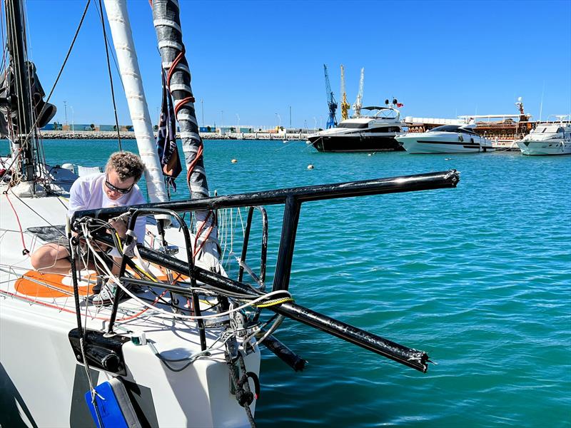 The bowsprit of The Globe en Solidaire snaps during a collision during the Globe40 Race start photo copyright James Devoy taken at  and featuring the Class 40 class