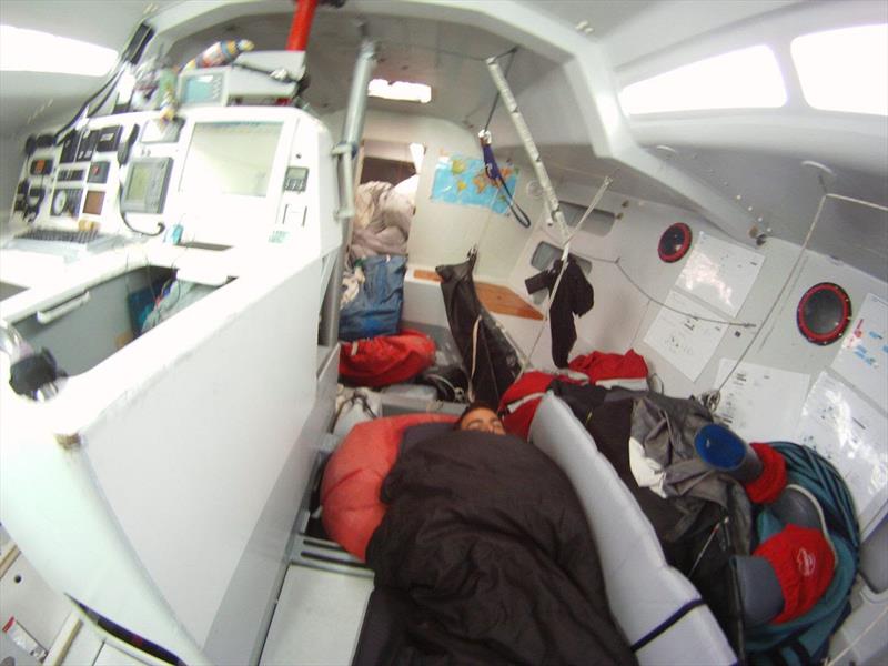 Hugo Ramon catching some sleep in rough seas on a Class40 photo copyright Global Solo Challenge taken at  and featuring the Class 40 class