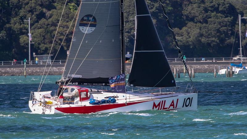 Milai - Masa Suzuki (JPN) and Luca Rossetti (ITA) sails up the Waitemata Harbour after finishing second on Leg 3 of the Globe40 mid-morning October 16, 2022 photo copyright Richard Gladwell - Sail-World.com/nz taken at Royal New Zealand Yacht Squadron and featuring the Class 40 class