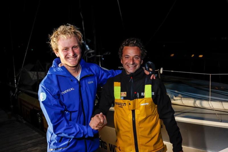 Everial's young skipper Erwin Le Draoulec (left) with his competitor Alla Grande Pirelli's Ambrogio Beccaria (right) - Rolex Fastnet Race photo copyright Paul Wyeth / www.pwpictures.com taken at Royal Ocean Racing Club and featuring the Class 40 class