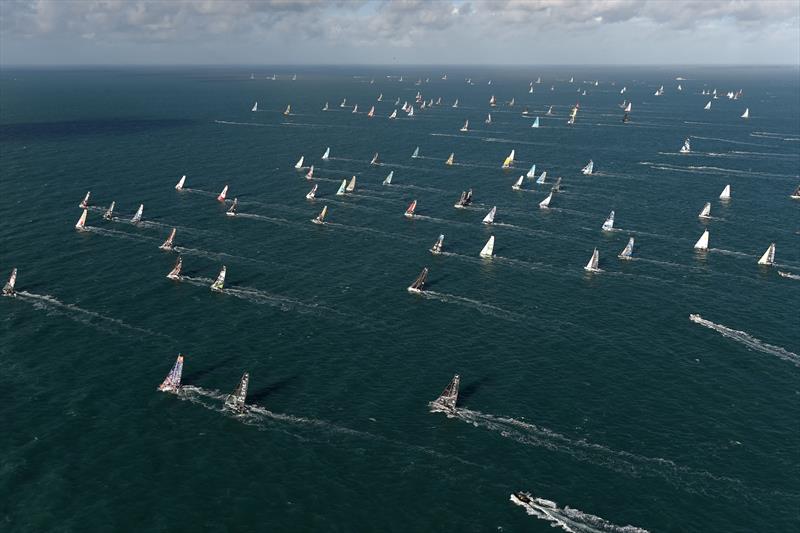 Skippers take the start of the Route du Rhum solo sailing race, off the coast of Saint-Malo, western France, on November 9, 2022 - photo © Sebastien Salom-Gomis