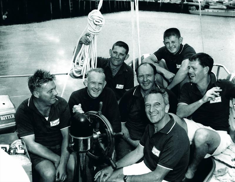'Freya' crew of 1963  (L to R) Keith Brown, Trygve Halvorsen, Trevor Gowland, Magnus Halvorsen, Stan Darling, Barry Gowland and Stan McRae photo copyright Mercury Hobart Tas taken at Cruising Yacht Club of Australia and featuring the Classic Yachts class