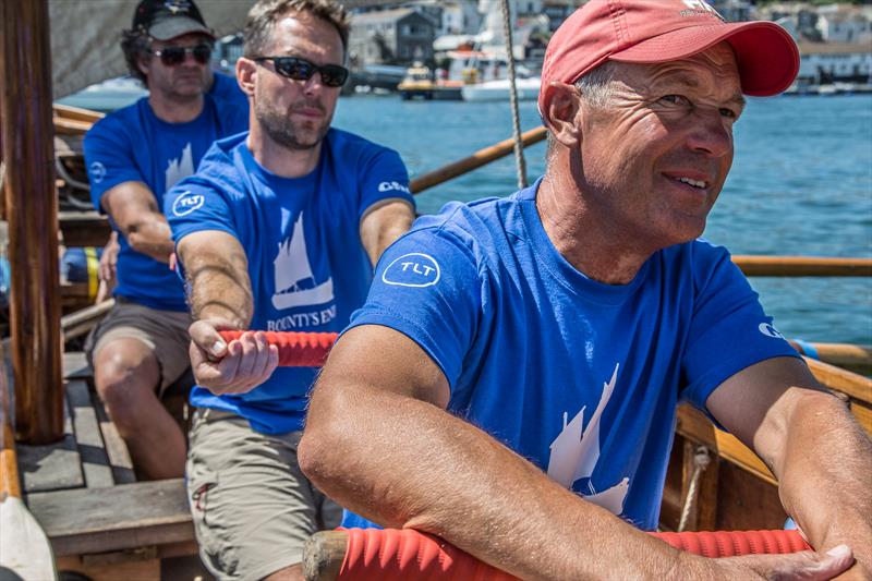 The crew of Bounty’s End included experienced gig rowers from Salcombe Gig Club for the Bligh Boat Race at Tilley Endurables Falmouth Classics photo copyright Conrad Humphreys taken at St. Mawes Sailing Club and featuring the Classic Yachts class