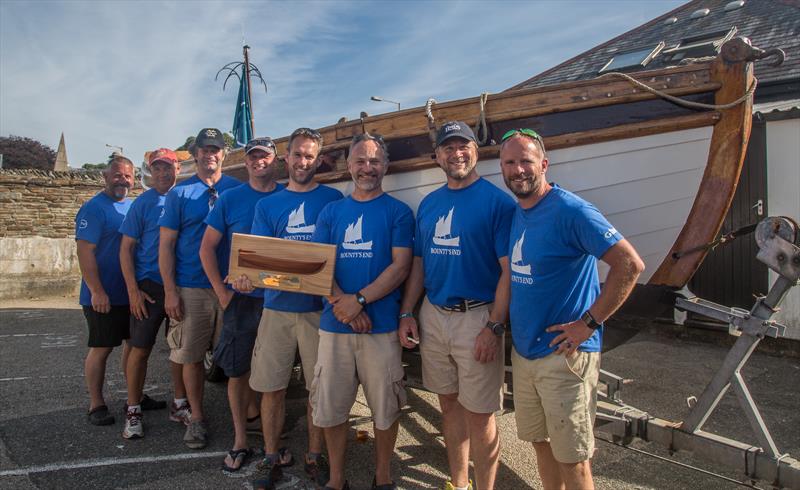 The victorious crew of Bounty’s End with The Bligh Challenge Trophy, a model half boat based on the original design of Bounty’s Launch at Tilley Endurables Falmouth Classics photo copyright Conrad Humphreys taken at St. Mawes Sailing Club and featuring the Classic Yachts class