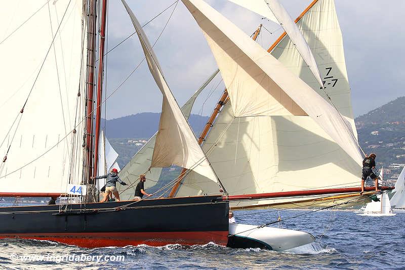 Classics Marigold (black hull) and Endrick crash at Les Voiles de Saint-Tropez 2019 photo copyright Ingrid Abery / www.ingridabery.com taken at Société Nautique de Saint-Tropez and featuring the Classic Yachts class