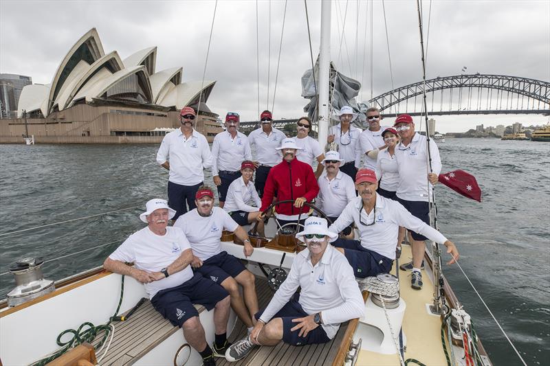 The crew of the delightful classic yawl, Kialoa II in front of the Opera House and Sydney Harbour Bridge photo copyright Andrea Francolini taken at  and featuring the Classic Yachts class