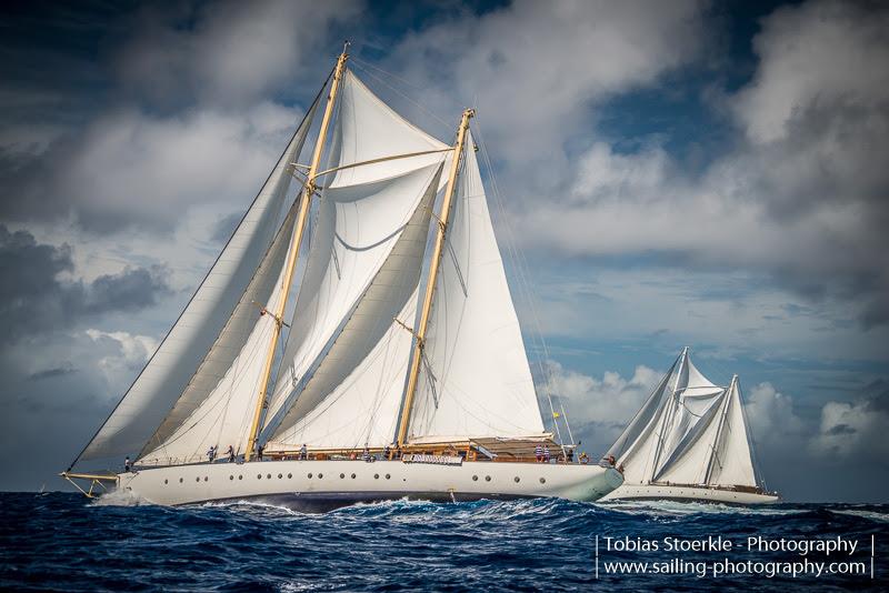 157' staysail ketch Chronos racing her sister-ship 158' Rhea - Antigua Classic Yacht Regatta 2018 photo copyright Tobias Stoerkle www.blende64.com taken at Antigua Yacht Club and featuring the Classic Yachts class