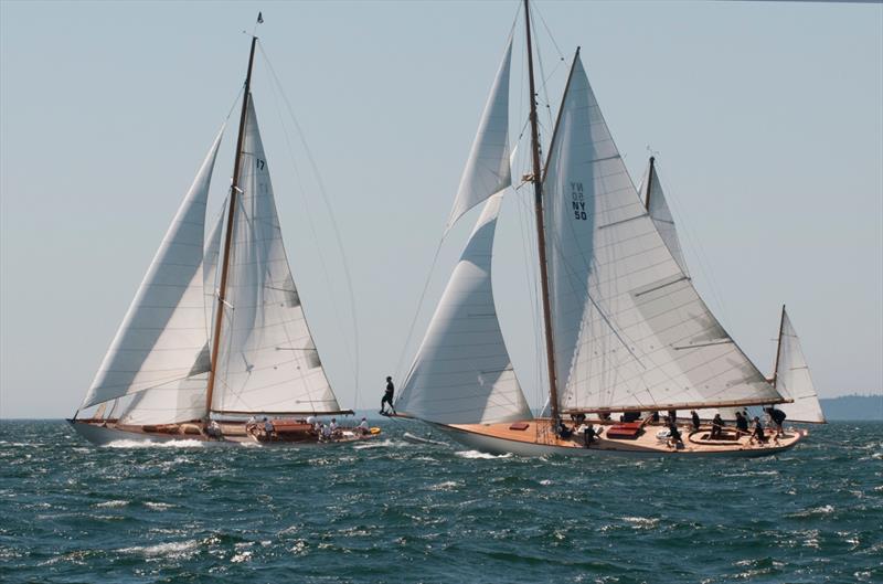 Castine Classic 2016: The 65' NY 50 `Marilee` (a 1926 Herreshoff) chasing the 65'  Blue Peter (a 1930 Alford Myline) photo copyright Kathy Mansfield taken at Castine Yacht Club and featuring the Classic Yachts class
