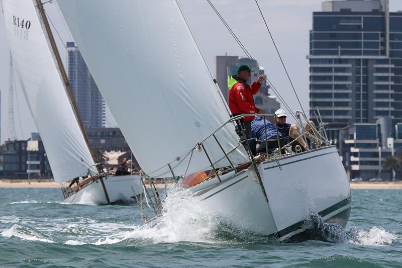 Mercedes II skippered by Martin Ryan leads Scimitar skipped by Damian Purcell on the way to the gate photo copyright Alex McKinnon Photography taken at Royal Yacht Club of Victoria and featuring the Classic Yachts class